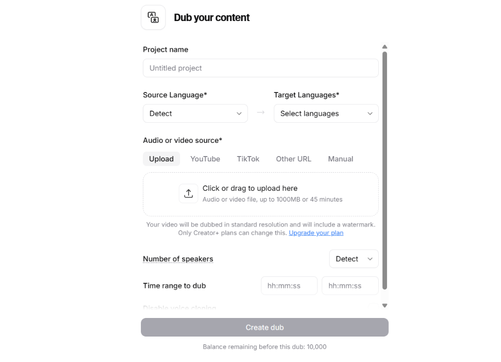 ElevenLabs Content Dubbing Interface